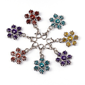 Zinc Alloy Enamel Pendants, Cadmium Free & Lead Free, Christmas Snowflake, with Brass Lobster Claw Clasps, Platinum Color, Mixed Color, 37mm, Hole: 3mm