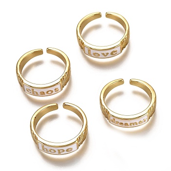 Brass Enamel Cuff Rings, Open Rings, Word, Real 18K Gold Plated, Long-Lasting Plated, White, US Size 6, Inner Diameter: 17mm