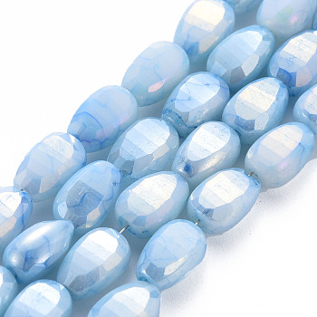 Opaque Baking Painted Crackle Glass Beads Strands, Faceted, AB Color Plated, Melon Seeds, Light Sky Blue, 9x6x4.5mm, Hole: 1.2mm, about 50pcs/strand, 17.32 inches(44cm)