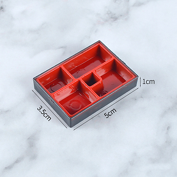 Mini Plastic Divided Dinner Tray, Sushi Plate, with Dipping Compartment, Miniature Ornaments, Micro Landscape Dollhouse Accessories, Pretending Prop Decorations, Red & Black, 35x50x10mm