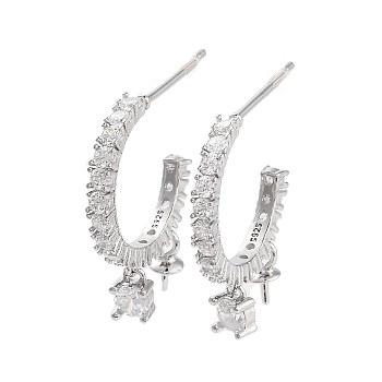 925 Sterling Silver with Cubic Zirconia Stud Earring Findings, Real Platinum Plated, 21mm, Pin: 0.6mm