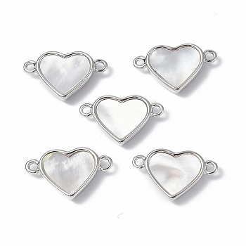 Brass Connector Charms, with Freshwater Shell, Nickel Free, Heart Links, Platinum, 10x17x3mm, Hole: 1.4mm