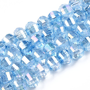 Transparent Electroplate Glass Beads Strands, AB Color Plated, Faceted, Round, Light Sky Blue, 8x7mm, Hole: 2mm, about 60pcs/strand, 14.96 inch(38cm)