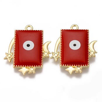 Eco-Friendly Alloy Enamel Pendants, Cadmium Free & Nickel Free & Lead Free, Rectangle with Evil Eye, Light Gold, Red, 28x23x2.5mm, Hole: 1.8mm