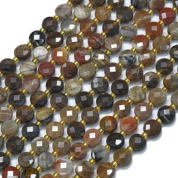 Natural Petrified Wood Beads Strands, with Seed Beads, Faceted, Flat Round, 6~6.5x4mm, Hole: 1mm, about 50pcs/strand, 15.35''(39cm)