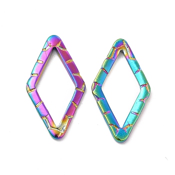Ion Plating(IP) 304 Stainless Steel Linking Ring, Textured, Rhombus, Rainbow Color, 24x13x1.5mm, Inner Diameter: 17x8.5mm