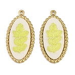304 Stainless Steel & Embroidered Pendants, Oval witLeaf Charms, Champagne Yellow, Ion Plating(IP), Long-Lasting Plated, Real 18K Gold Plated, 32.5x17x3mm, Hole: 1.4mm(SA-CBA1ED9-10G)