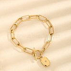 304 Stainless Steel Micro Pave Cubic Zirconia Charm Bracelets, Paperclip Chain Bracelets for Women, Rectangle with Star, Golden, 6-3/4 inch(17cm)(FS-WGF72BA-03)