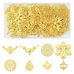 64Pcs 8 Styles Iron Filigree Joiners, Etched Metal Embellishments, Mixed Shapes, Golden, 26~59.5x24~56.5x0.5~3mm, Hole: 1.4~2.8mm, 8pcs/style(FIND-FS0003-18)