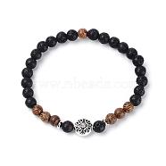 Natural Lava Rock Beads Stretch Bracelets, with Wood Beads, Tibetan Style Alloy Beads and Brass Bead Spacers, 2-1/4 inch(58mm)(BJEW-JB03395-01)
