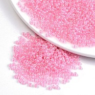 6/0 Glass Seed Beads, Inside Colours, Round Hole, Round, Transparent Colours Rainbow, Pink, 6/0, 4~5x2.5~4.5mm, Hole: 1.2mm, about 500pcs/50g(X-SEED-A016-4mm-210)