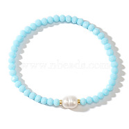 Faceted Rondelle Glass Beaded Stretch Bracelets for Women, with Imitation Pearl, White(KV3959-2)