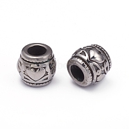 304 Stainless Steel European Beads, Large Hole Beads, Barrel with Heart, Antique Silver, 9.5x10.5mm, Hole: 5mm(STAS-G220-39AS)