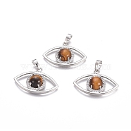 Natural Tiger Eye Pendants, with Platinum Tone Brass Findings and Crystal Rhinestone, Eye, 21.5x33.3x7.5mm, Hole: 7x5mm(X-G-L512-H10)
