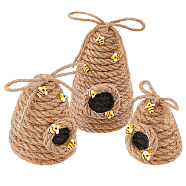 3Pcs 3 Styles Jute Cord Handmade Knitting Crochet Artificial Honeycomb, with Resin Bees, for Home Table Car Decor, Tan, 79~114x70~101x76~155mm, 1pc/style(DJEW-DC0001-06)