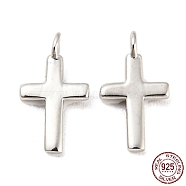 Rhodium Plated 925 Sterling Silver Charms, with Jump Rings, Cross, with S925 Stamp, Real Platinum Plated, 10x5.5x2mm, Hole: 1.2mm(X-STER-Q190-07P)
