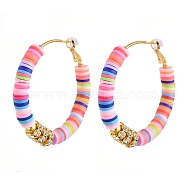 Heishi Beaded Hoop Earrings, with Brass Earring Findings & Brass Rhinestone Spacer Beads & Plastic Ear Nuts, Colorful, 50mm(X-EJEW-JE04081)
