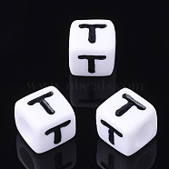 Acrylic Horizontal Hole Letter Beads, Cube, Letter T, White, Size: about 7mm wide, 7mm long, 7mm high, hole: 3.5mm, about 200pcs/50g(X-PL37C9129-T)