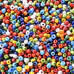 8/0 Opaque Colors Rainbow Plated Round Glass Seed Beads, Mixed Color, 8/0, 2.5~3.5x2~2.5mm, Hole: 0.8~1mm, 100g/Bag(SEED-YW0001-13)