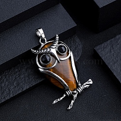 Natural Tiger Eye Big Pendants, Alloy Owl Gems Charms, Antique Silver, 57x30mm(PW-WG15898-02)