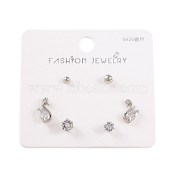 6 Pcs Brass Mirco Pave Clear Cubic Zirconia Ear Studs, with 925 Sterling Silver Pins, Round & Swan, Platinum, 3~6x3~11mm(EJEW-S218-01P-05)