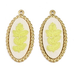 304 Stainless Steel & Embroidered Pendants, Oval witLeaf Charms, Champagne Yellow, Ion Plating(IP), Long-Lasting Plated, Real 18K Gold Plated, 32.5x17x3mm, Hole: 1.4mm(SA-CBA1ED9-10G)