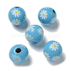 Printed Wood European Beads, Round with Daisy Pattern, Sky Blue, 15.5~16mm, Hole: 4~4.5mm(WOOD-G022-19I)