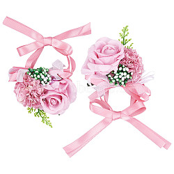 2PCS Silk Wrist Corsage, with Plastic Imitation Flower, for Wedding, Party Decorations, Hot Pink, 350mm(AJEW-CP0001-51E)