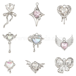9Pcs 9 Styles Alloy Glass Pendants, Mixed Shapes, Faceted, Clear, 16.5~31x13.5~23.5x4~10mm, Hole: 1.5~2.5mm, 1pc/style(FIND-YW0009-22)