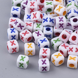 White Opaque Acrylic Beads, Horizontal Hole, Cube with Mixed Color Letter, Letter.X, 5x5x5mm, Hole: 2mm, about 5000pcs/500g(MACR-R869-01X)