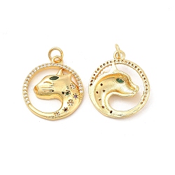 Brass Micro Pave Cubic Zirconia Pendants, with Jump Ring, Flat Round with Cheetah/Leopard Charm, Golden, Colorful, 21x18x4mm, Hole: 3mm(KK-H441-34G)