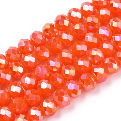 Electroplate Glass Beads Strands, Opaque Solid Color, AB Color Plated, Faceted, Rondelle, Orange Red, 8x6mm, Hole: 1mm, about 63~65pcs/strand, 39~40cm(X-EGLA-A034-P8mm-B23)