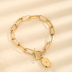304 Stainless Steel Micro Pave Cubic Zirconia Charm Bracelets, Paperclip Chain Bracelets for Women, Rectangle with Star, Golden, 6-3/4 inch(17cm)(FS-WGF72BA-03)