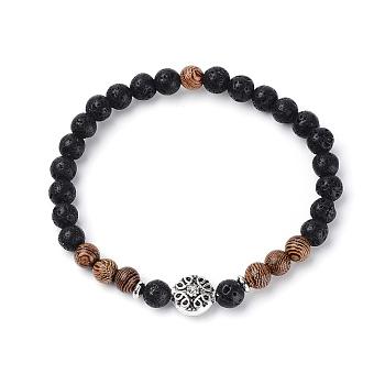 Natural Lava Rock Beads Stretch Bracelets, with Wood Beads, Tibetan Style Alloy Beads and Brass Bead Spacers, 2-1/4 inch(58mm)