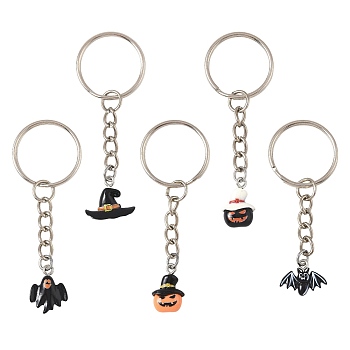 5Pcs Resin Keychains, with Iron Rings, Halloween Theme, Platinum, Mixed Color, 66~72mm