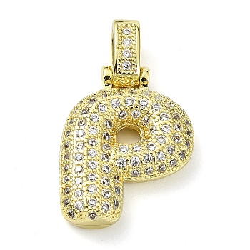 Brass Micro Pave Clear Cubic Zirconia Pendants, Real 18K Gold Plated, Letter P, 28mm, Hole: 4.8x3.5mm, Pendant: 22x16.5x5mm