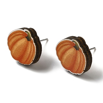 Wood Stud Earrings, with 316 Surgical Stainless Steel Pin, Thanksgiving Theme, Silver, Dark Orange, Pumpkin, 13.5x15mm