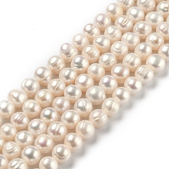 Natural Cultured Freshwater Pearl Beads Strands, Round, Bisque, 7.5~10mm, Hole: 0.6mm, about 42pcs/strand, 14.33 inch(36.4cm)