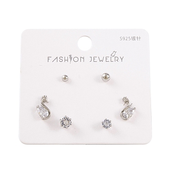 6 Pcs Brass Mirco Pave Clear Cubic Zirconia Ear Studs, with 925 Sterling Silver Pins, Round & Swan, Platinum, 3~6x3~11mm