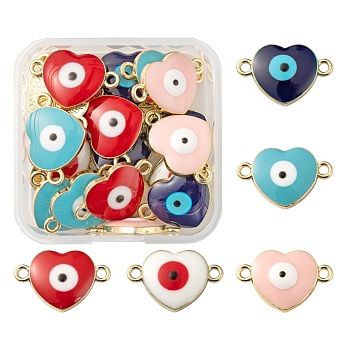 25Pcs 5 Colors Light Gold Alloy Links Connectors, with Enamel, Heart with Evil Eye, Mixed Color, 13.5x20.5x4.5mm, Hole: 1.8mm, 5pcs/color
