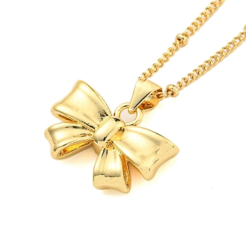 Brass Curb Chain Necklaces, Pendants Necklaces, Bowknot, Real 18K Gold Plated, 16.73 inch(425mm), Bowknot: 14.5x20mm