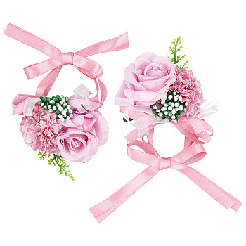 2PCS Silk Wrist Corsage, with Plastic Imitation Flower, for Wedding, Party Decorations, Hot Pink, 350mm