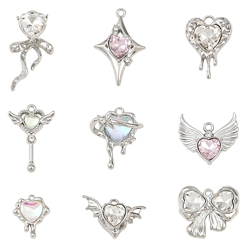 9Pcs 9 Styles Alloy Glass Pendants, Mixed Shapes, Faceted, Clear, 16.5~31x13.5~23.5x4~10mm, Hole: 1.5~2.5mm, 1pc/style