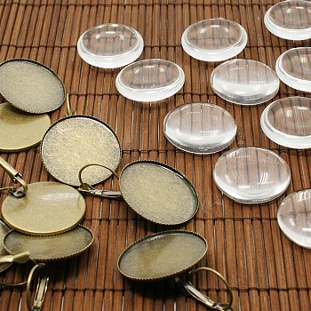 25mm Transparent Clear Domed Glass Cabochon Cover for Brass Photo Leverback Earring Making, Nickel Free, Antique Bronze, Earring: 38x26mm, Glass: 25x7.4mm