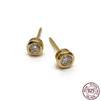 925 Sterling Silver Column Stud Earrings, with Clear Cubic Zirconia, with S925 Stamp, Real 18K Gold Plated, 4.3mm