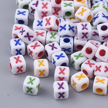 White Opaque Acrylic Beads, Horizontal Hole, Cube with Mixed Color Letter, Letter.X, 5x5x5mm, Hole: 2mm, about 5000pcs/500g