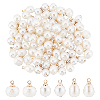 SUPERFINDINGS 90Pcs 3 Style  ABS Plastic Imitation Pearl Charms, with Golden Plated Brass Loop and Crystal Rhinestone, Mix-shaped, Creamy White, 12~13x8~10mm, Hole: 1.6mm, 30pcs/style