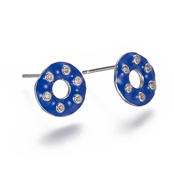 Brass Micro Pave Cubic Zirconia Ear Studs, with Enamel, Donut, Clear, Platinum, Blue, 9.5~10mm, Pin: 0.7mm