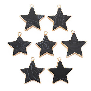 Natural Agate Pendants, with Light Gold Plated Iron Findings, Star, Dyed & Heated, Black, 29~34x25~31x4~6.5mm, Hole: 2mm