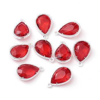 Glass Pendants, with Eco-Friendly Alloy Open Back Berzel Findings, Faceted, teardrop, Silver Color Plated, Red, 18x12x5mm, Hole: 1.4mm